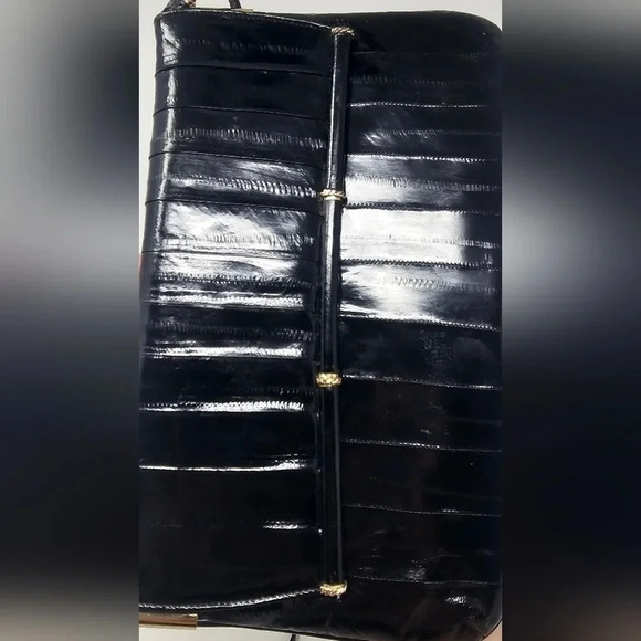 Vintage Eel Skin Black Elegant Exotic Envelope Clutch Crossbody Gold Hardware - Picture 4 of 16